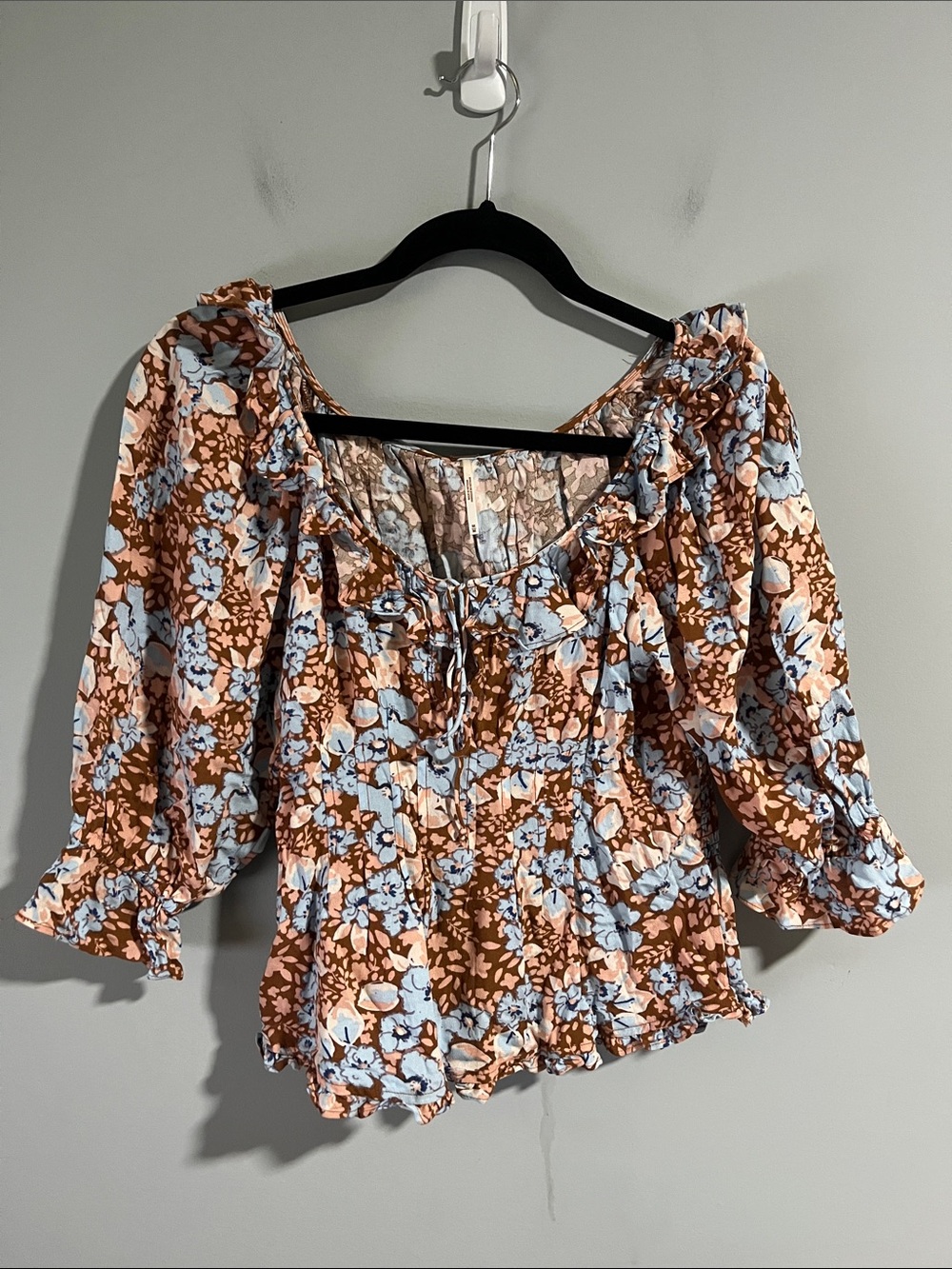 Free People Sweet Memories Brown Blue & Blush Floral Print Ruffle Blouse - Picture 2 of 5